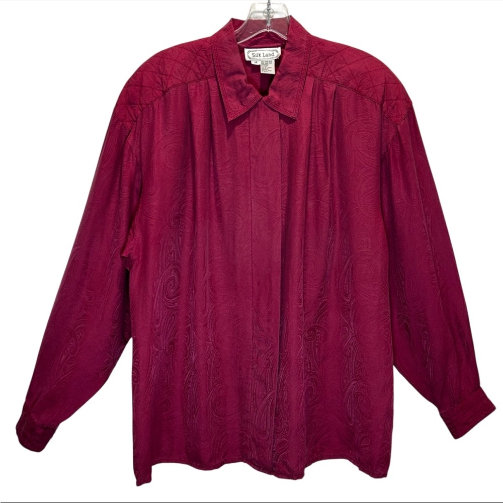 VTG Silk Land Burgundy Silk Paisley Button-Up Long Sleeve Blouse - Size 14